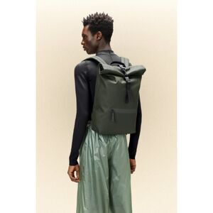 Rains Green Rolltop Rucksack Waterproof Backpack Carabiner Strap Laptop 18"x12"